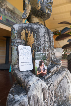 Nurtrition Consultations to support the whole body. This includes a whole foods diet plan as well as nourishing herbs. This image is of a buddha statue and Moon Magic Business Cards.